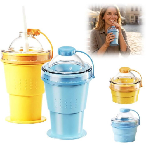 (Blue+Yellow, -) Αναδιπλούμενο κύπελλο σιλικόνης 2 σε 1, πάγος μπάλα - Collapsible ice ball maker cup