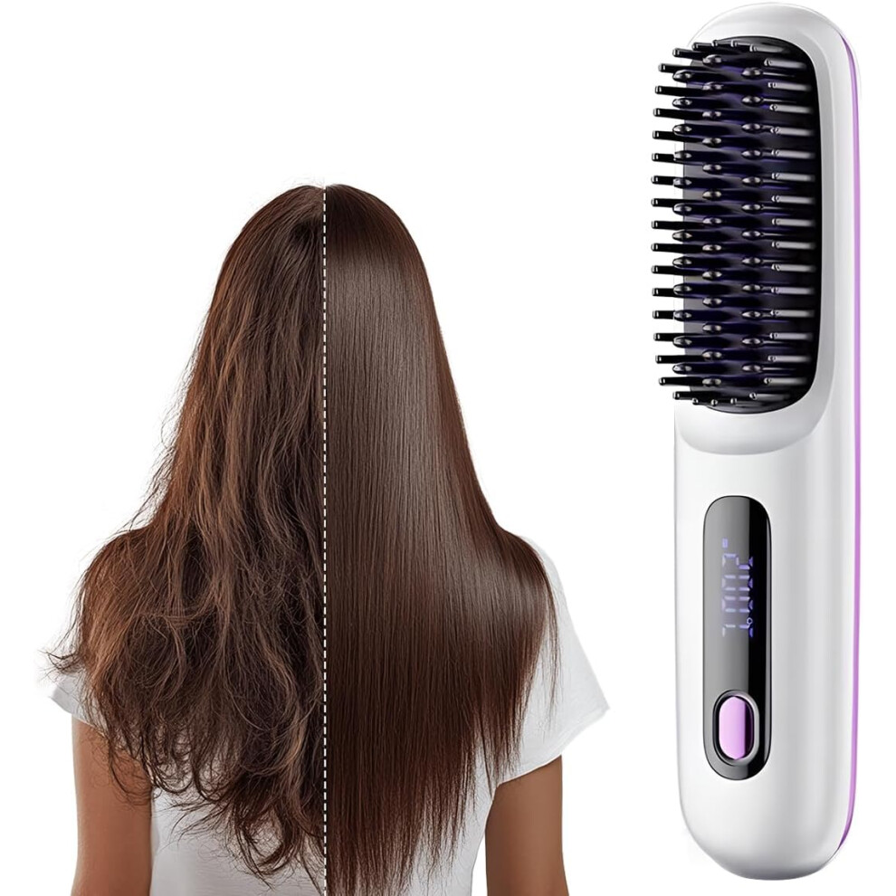 Oimg White (, -) 2026 Upgraded Cordless Hair Straightener Brush, Portable With Lcd Display, Fast Heating For Travel