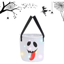 (White, -) Light Up Halloween Ghost Basket Tote Candy Bag, LED Trick or Treat