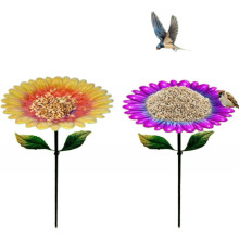 (Sunflower+Violet, -) Metallblume Gartenstecker Vogelbad, 2-in-1 Outdoor Vogelfutterhaus mit 3-Zinken Basis, rostfrei