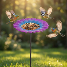 (Violet, -) Metallblume Gartenstecker Vogelbad, 2-in-1 Outdoor Vogelfutterhaus mit 3-Zinken Basis, rostfrei
