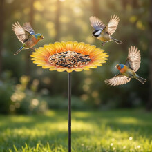(Sunflower, -) Metallblume Gartenstecker Vogelbad, 2-in-1 Outdoor Vogelfutterhaus mit 3-Zinken Basis, rostfrei
