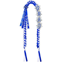 (Blue and white, -) Diploma lei class of 2026 – lint lei met GRAD letters en badges, 122 cm voor ceremonie