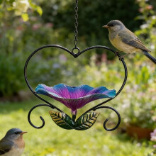 (Blue, -) Hrănitoare păsări inimă fier, platformă florală – Decor grădină
