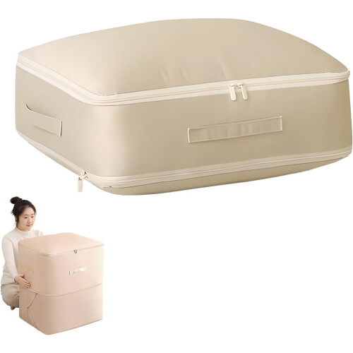 (Beige, L (54*42*30CM)) Ultra Space Saving Self Compression Organizer Bag, for Comforters