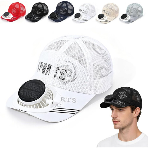 (White, color_name) Ηλιακό επαναφορτιζόμενο καπέλο κορυφής, με ανεμιστήρα - Solar rechargeable peak cap