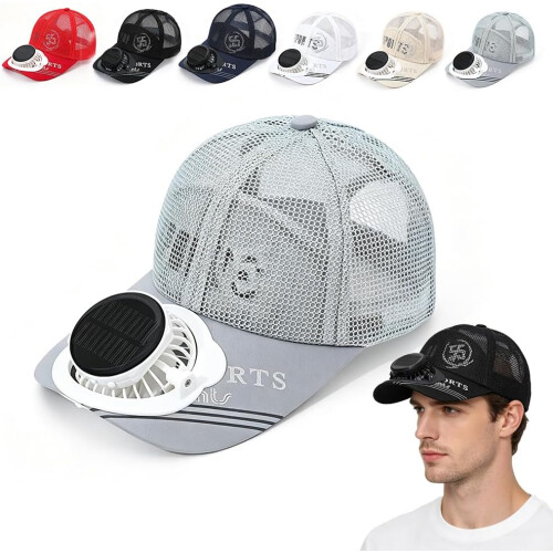 (Grey, color_name) Ηλιακό επαναφορτιζόμενο καπέλο κορυφής, με ανεμιστήρα - Solar rechargeable peak cap