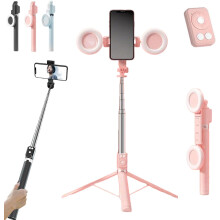 (Pink, Double Fill Lights) Neues 6-in-1 Bluetooth Selfie Stick mit Stativ, ausziehbar, Wireless Remote