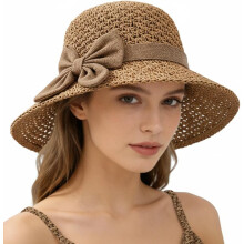 (Khaki, color_name) Dames strohoed – elegante geweven zonnehoed met strik, opvouwbare strandhoed voor zomervakantie reizen