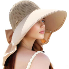(Khaki, color_name) Dames brede rand zonnehoed met afneembare nekflap – UPF-bescherming zomer vizier voor strand