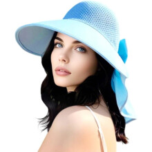 (Cerulean, color_name) Dames brede rand zonnehoed met afneembare nekflap – UPF-bescherming zomer vizier voor strand