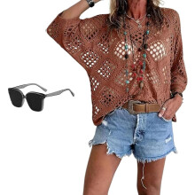 (Khaki, Large) Kvinner bohemsk inspirert beige heklet topp med V-utringning sommer badedekk