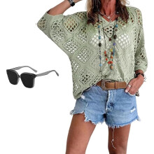 (Green, Medium) Kvinnors Bohemian-inspirerad Beige Virkad Topp med V-ringning - Sommar Badkläder Coverup