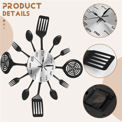 RelóGios de Parede de Cozinha  de 16 Polegadas com Colheres e Garfos, UtensíLios de Mesa 3D, RelóGio de Parede, DecoraçãO de Casa (Preto) 2