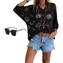 (Black, Medium) Kvinner bohemsk inspirert beige heklet topp med V-utringning sommer badedekk