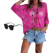 (Rose Red, Small) Kvinner bohemsk inspirert beige heklet topp med V-utringning sommer badedekk