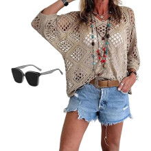 (Brown, Medium) Kvinnors Bohemian-inspirerad Beige Virkad Topp med V-ringning - Sommar Badkläder Coverup