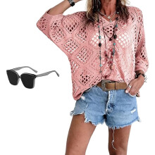 (Pink, X-Large) Kvinnors Bohemian-inspirerad Beige Virkad Topp med V-ringning - Sommar Badkläder Coverup