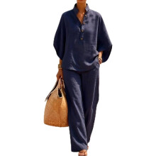 (Dark Blue, 5X-Large) Dames vleermuismouw linnen katoen tweedelig set, casual blouse en wijde pijp broek