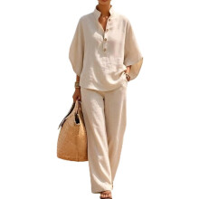 (Khaki, Medium) Dames vleermuismouw linnen katoen tweedelig set, casual blouse en wijde pijp broek