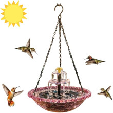(Pink, -) Fântână Păsări Solară în Cascadă, 3 Niveluri, 25cm, Bol Sticlă, Grădină