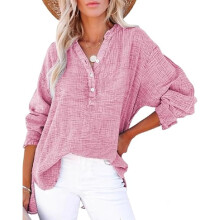 (Pink, Small) Damen Baumwollbluse mit V-Ausschnitt, leichter Sommer Top