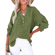 (Grenn, XX-Large) Damen Baumwollbluse mit V-Ausschnitt, leichter Sommer Top