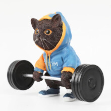 (Blue and Orange Sweatshirt, -) Fitness kat beeld met halter - grappige zwarte kat figurine voor thuis tuin kantoor