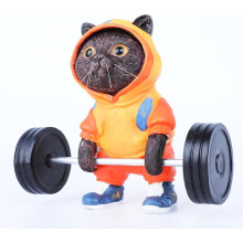 (Orange Sweatshirt, -) Fitness kat beeld met halter - grappige zwarte kat figurine voor thuis tuin kantoor