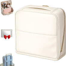(White, M) Stilvolle Kosmetiktasche mit Fächern, PU Leder, Stehspiegel