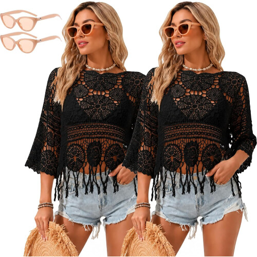 (2pcs-black, color_name) Γυναικείο κάλυμμα παραλίας κρόσσια, μποέμ