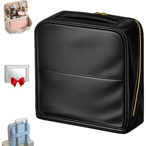 (Black, L) Κομψή τσάντα καλλυντικών με διαχωριστικά, PU δέρμα, όρθια με καθρέφτη