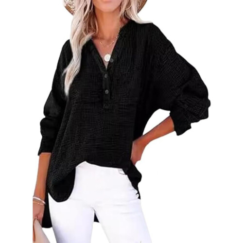 (Black, X-Large) Γυναικεία μπλούζα γάζας V λαιμό, καλοκαιρινή βαμβακερή