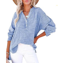 (Blue, 5X-Large) Damen Baumwollbluse mit V-Ausschnitt, leichter Sommer Top