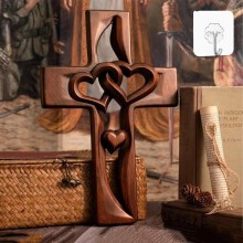 (1PCS Brown, -) Handgeschnitztes ineinander verschlungenes Herzen Holzkreuz