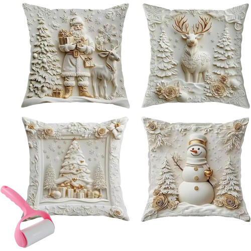 (4pcs White A, 18" * 18", -) Θήκη μαξιλαριού θεματικής Χριστουγέννων 2025, βελούδο