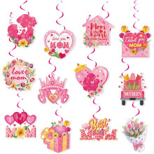 (12 Double Sided Hanging Cards + 12 Spiral Charms, -) Gelukkige Moederdag decoratie kit, banner & ballonnen voor feest