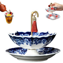 (Celadon, -) Umbrella Tea Infuser, Ceramic Blue & White Porcelain Strainer with Base & Tassel