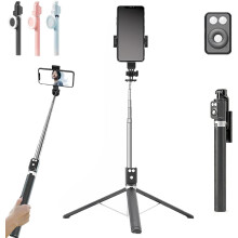 (Black, No Fill Light) Neues 6-in-1 Bluetooth Selfie Stick mit Stativ, ausziehbar, Wireless Remote