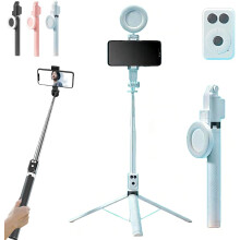 (White, Single Fill Light) Neues 6-in-1 Bluetooth Selfie Stick mit Stativ, ausziehbar, Wireless Remote