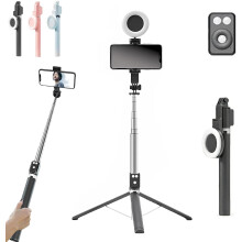 (Black, Single Fill Light) Neues 6-in-1 Bluetooth Selfie Stick mit Stativ, ausziehbar, Wireless Remote