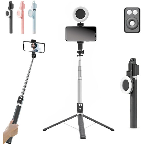 (Black, Single Fill Light) 6 σε 1 στικάκι selfie Bluetooth, τηλεσκοπικό, για κινητά