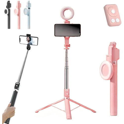 (Pink, Single Fill Light) 6 σε 1 στικάκι selfie Bluetooth, τηλεσκοπικό, για κινητά