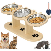 (Natural Wood, -) Comedero mascotas elevado 3 cuencos antideslizante, inclinación 15 para gatos y perros pequeños