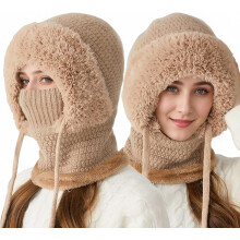 (Khaki, color_name) Berretto 3 in 1 con sciarpa e maschera donna, pile per sci e trekking