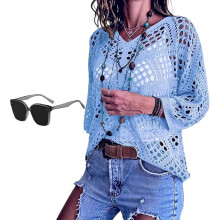 (Blue, Small) Kvinnors Bohemian-inspirerad Beige Virkad Topp med V-ringning - Sommar Badkläder Coverup