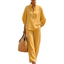 (Yellow, 5X-Large) Dames vleermuismouw linnen katoen tweedelig set, casual blouse en wijde pijp broek