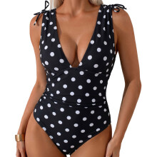 Maillot de bain 1 pièce pour femmes,-points noirs et blancs S