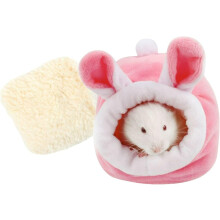(Pink Bunny Cotton Nest Large, -) Cute Animal Shaped Hamster Bed, Warm Plush Hiding House with Removable Pad