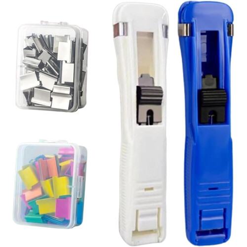 (White+royal Blue, -) Agrafeuse sans agrafe, 50 clips réutilisables, portable